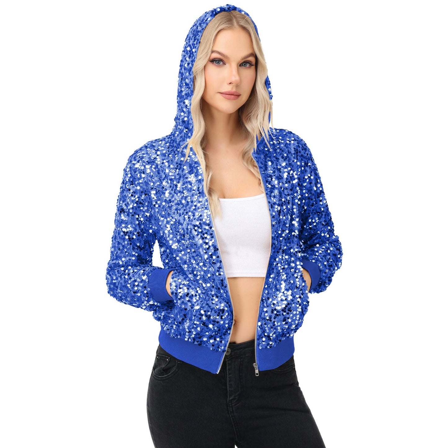 Chaqueta con capucha y cremallera con adornos de lentejuelas y ribetes acanalados