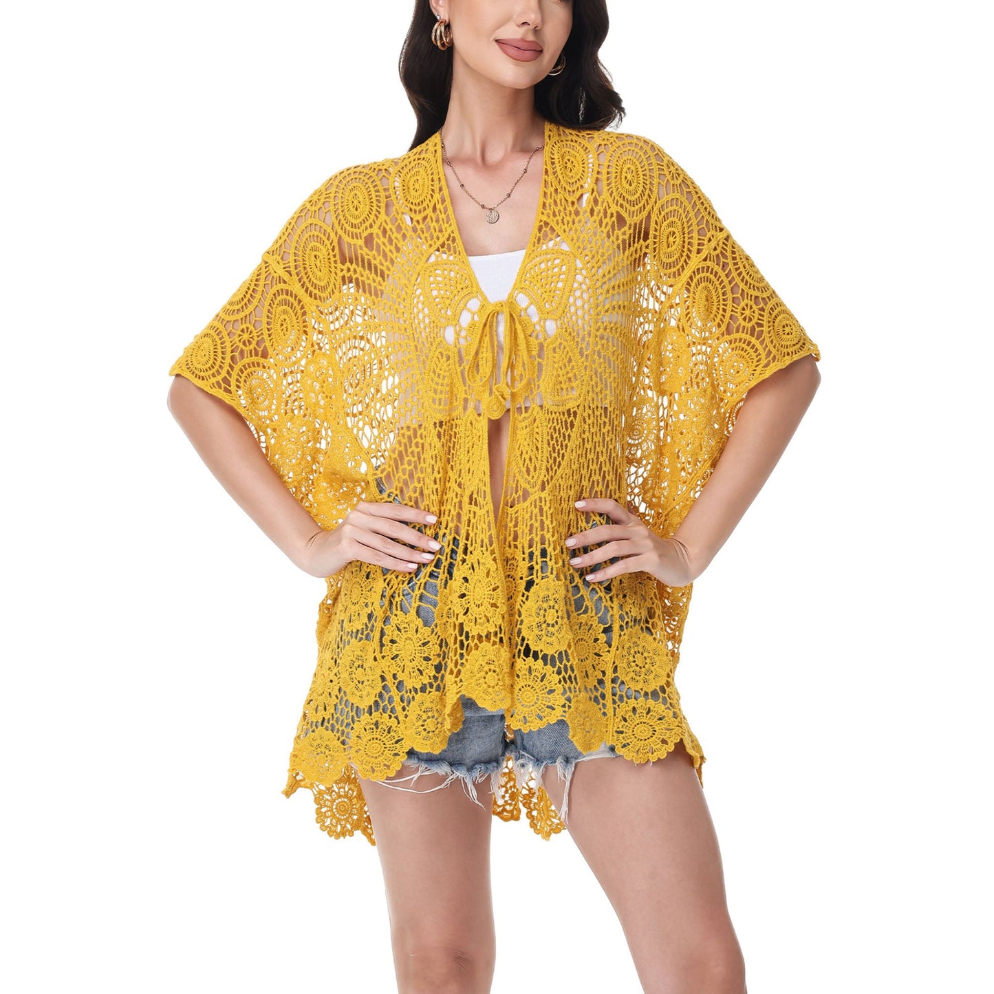 Pareo de ganchillo abierto con estampado floral y manga corta