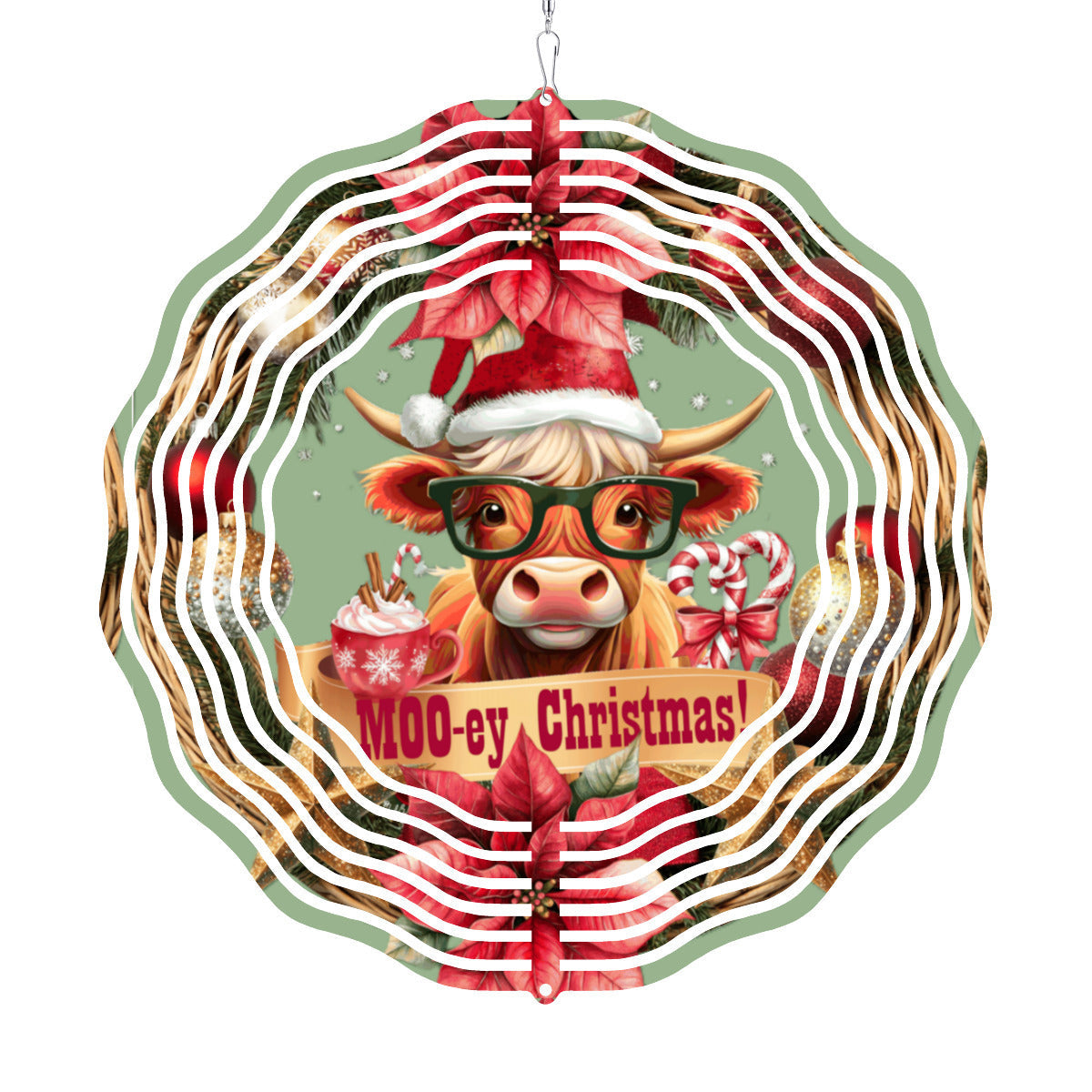 Moo-ey Christmas Highland Cow Metal Wind Spinner Outdoor Decor