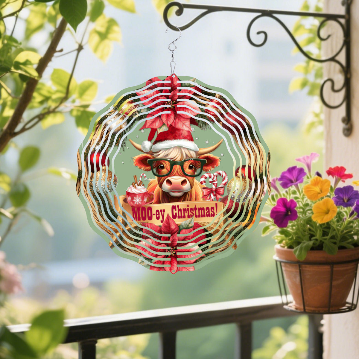 Moo-ey Christmas Highland Cow Metal Wind Spinner Outdoor Decor