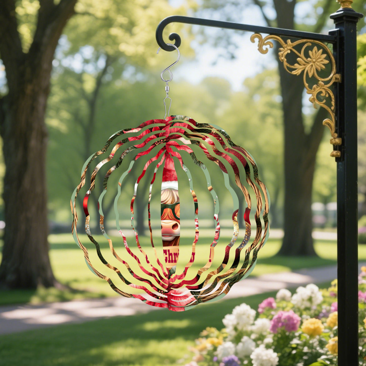 Moo-ey Christmas Highland Cow Metal Wind Spinner Outdoor Decor