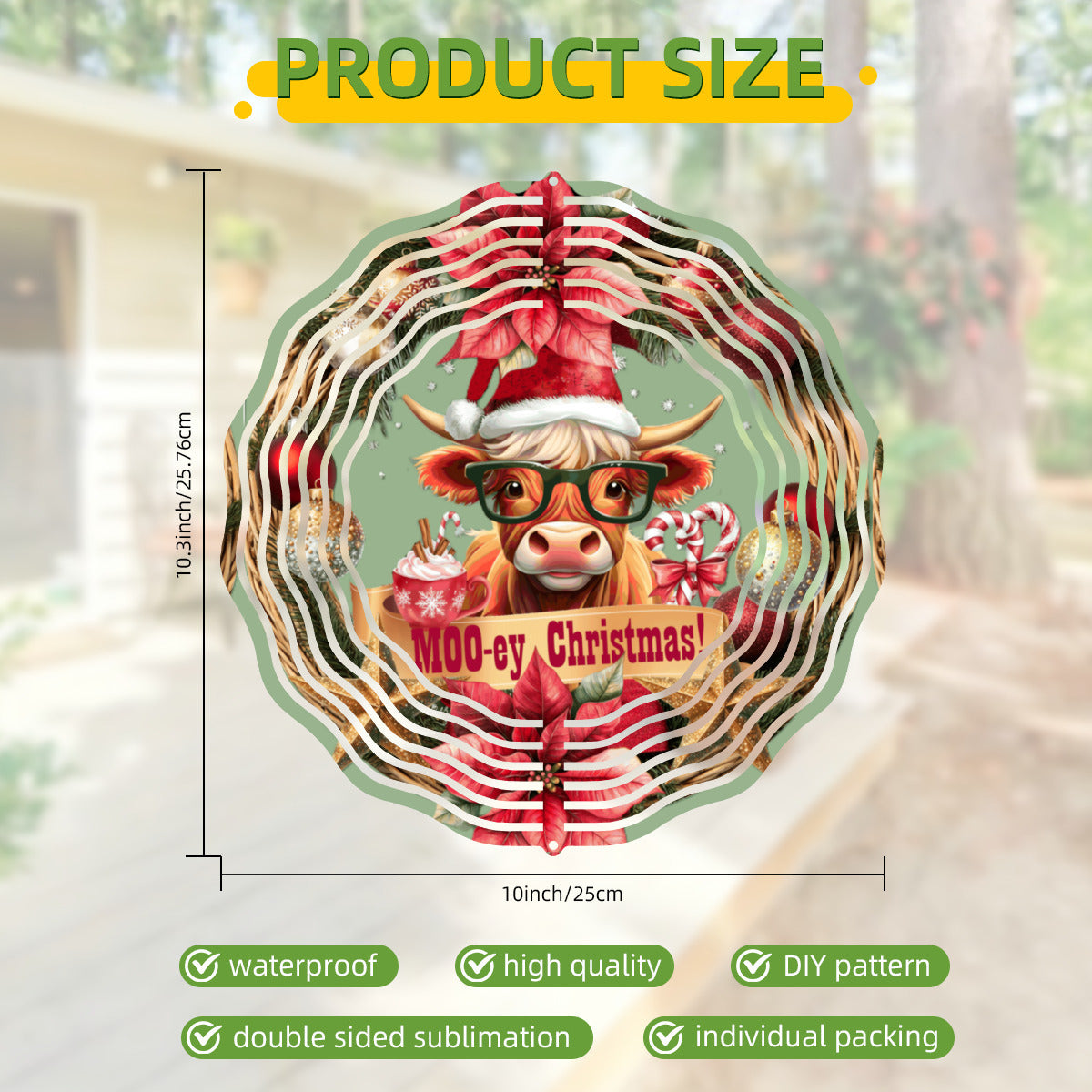 Moo-ey Christmas Highland Cow Metal Wind Spinner Outdoor Decor