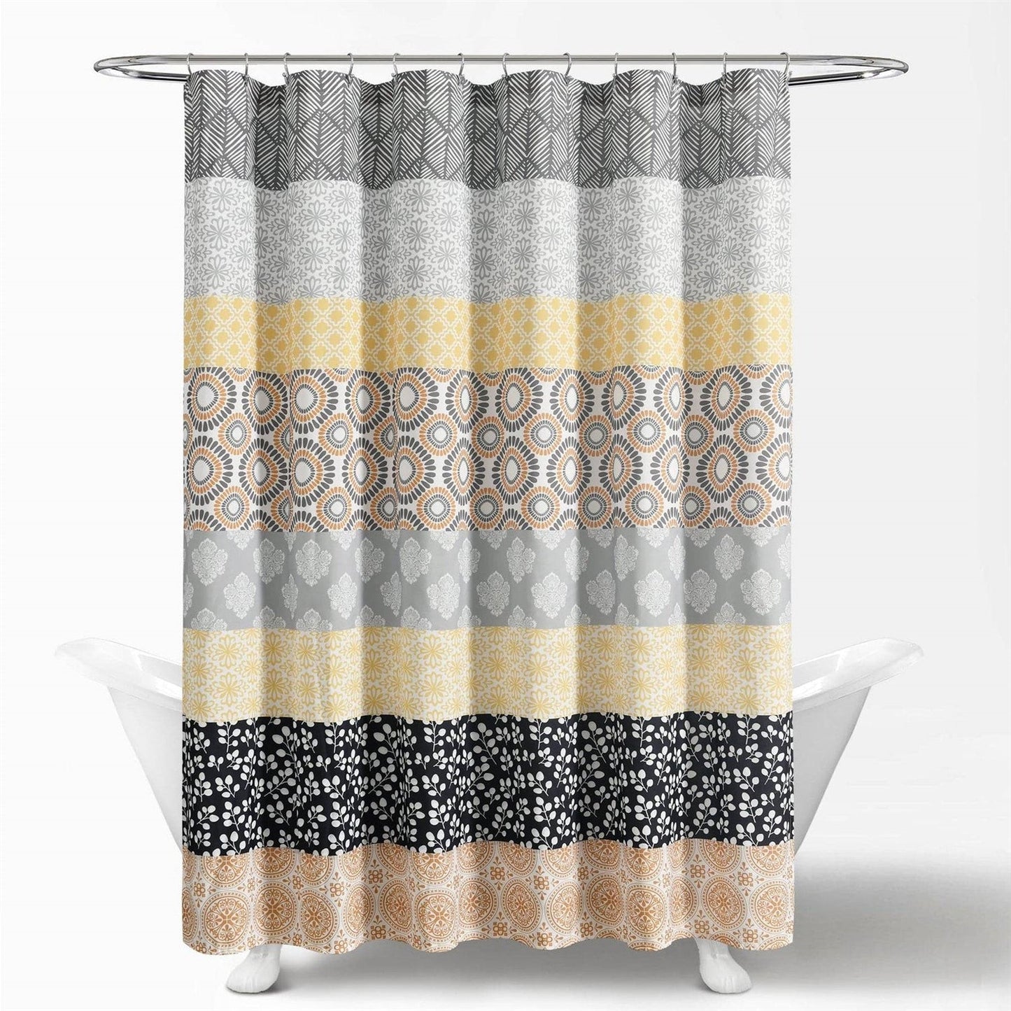 Cortina de Ducha de Poliéster Boho con Estampado Floral Damasco Amarillo Negro Blanco Gris de 72 pulgadas