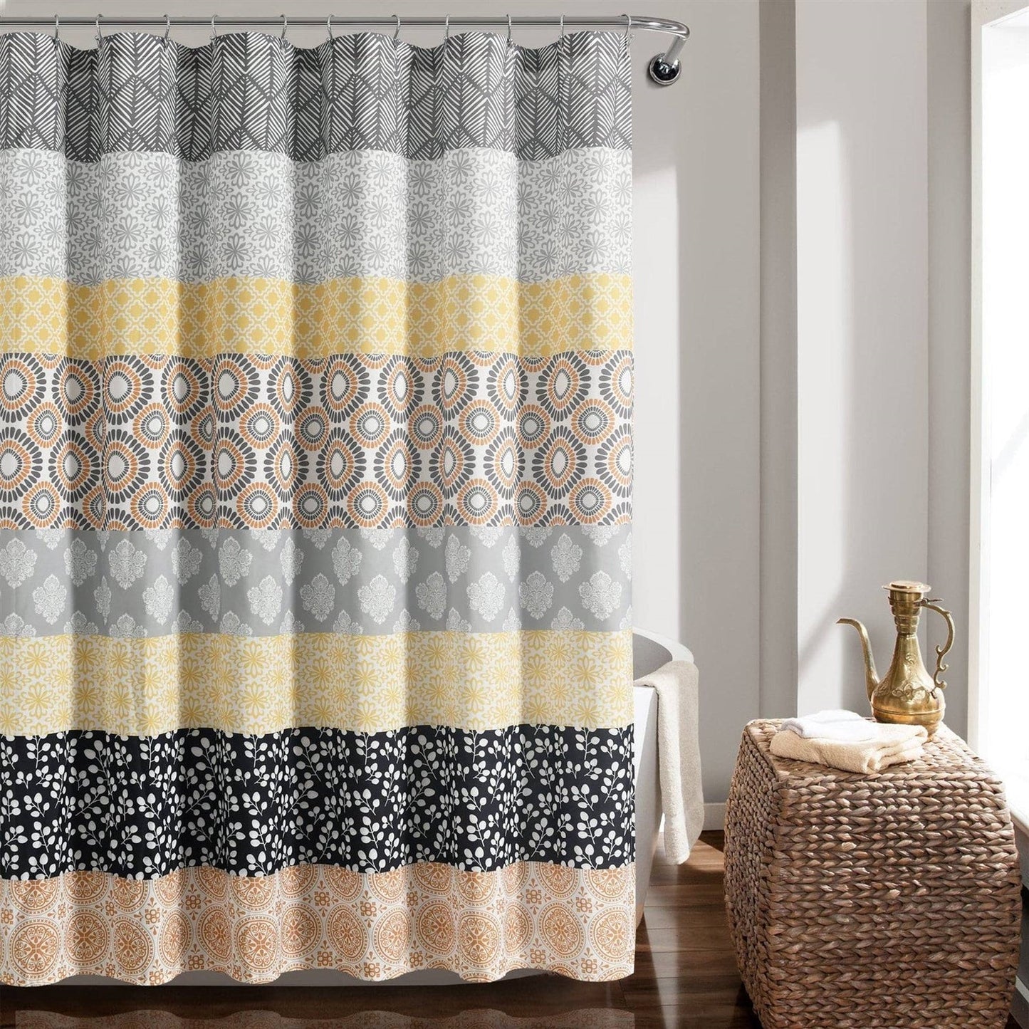 Cortina de Ducha de Poliéster Boho con Estampado Floral Damasco Amarillo Negro Blanco Gris de 72 pulgadas