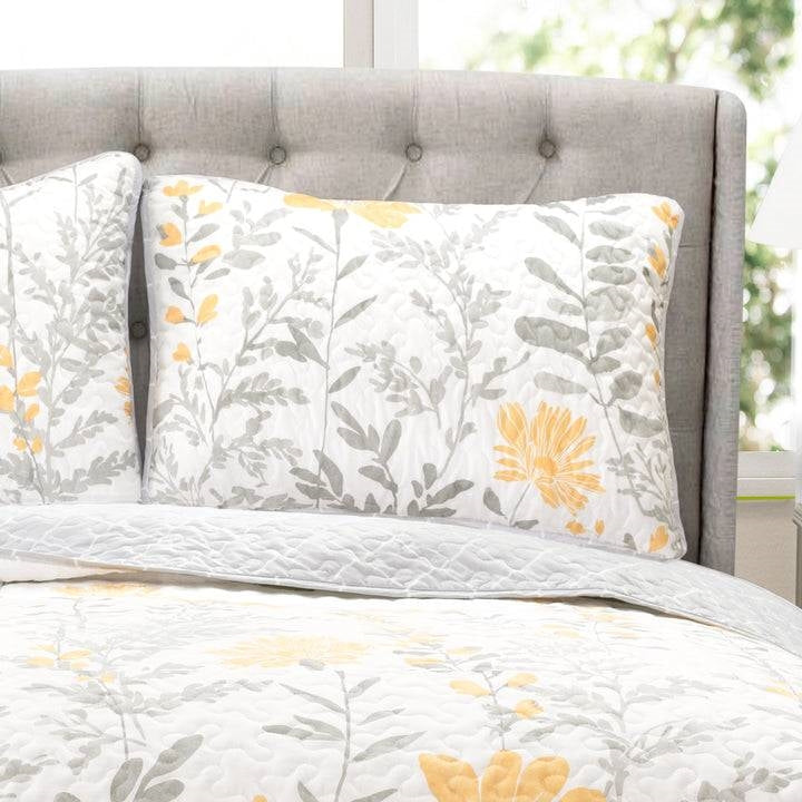Juego de colcha de algodón y poliéster ligero y fino con estampado floral amarillo y gris, tamaño Full/Queen