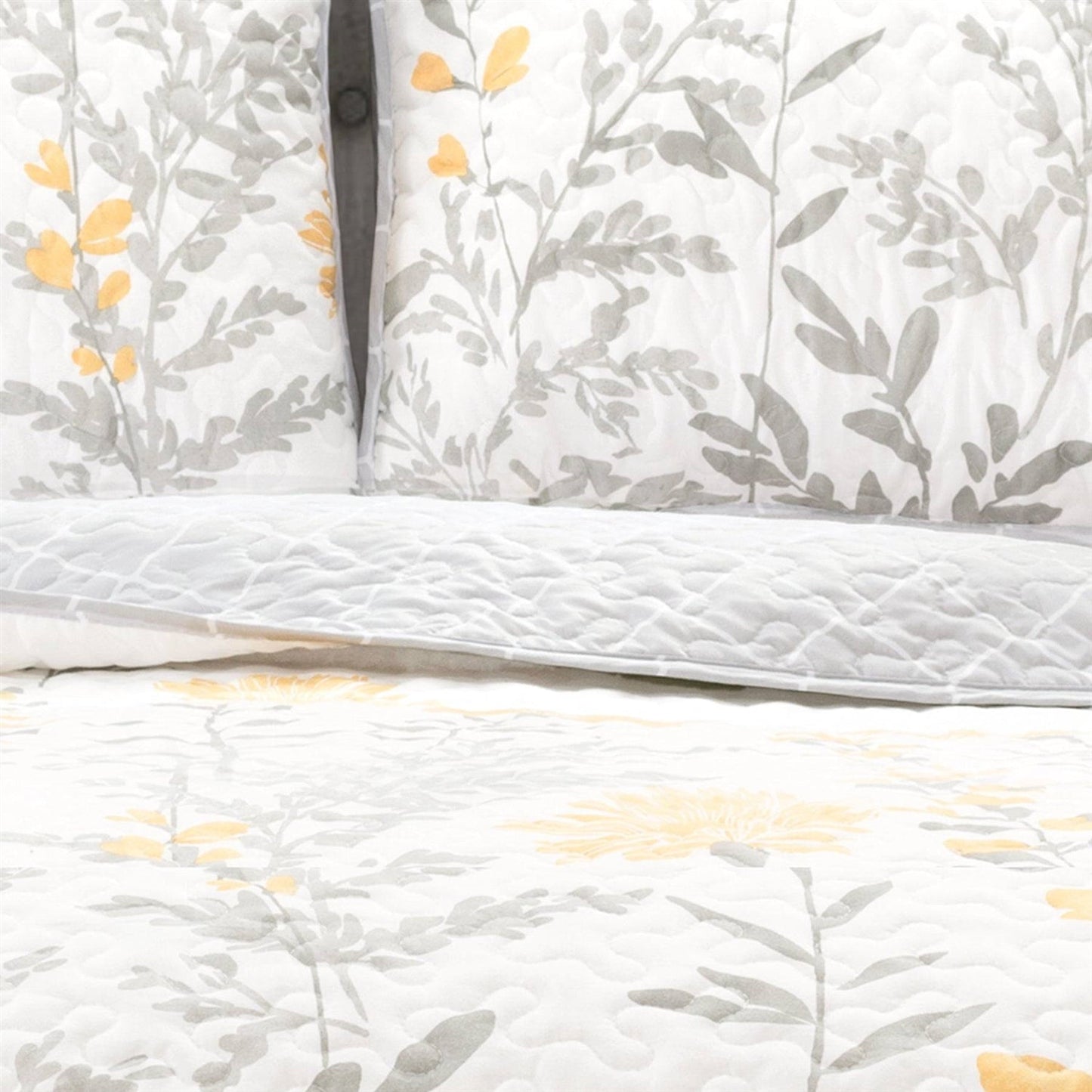 Juego de colcha de algodón y poliéster ligero y fino con estampado floral amarillo y gris, tamaño Full/Queen