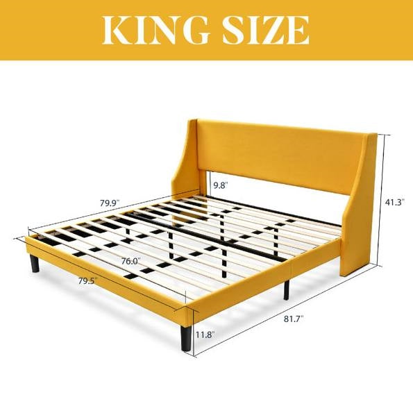 Cama tamaño King con cabecero tapizado de mezcla de lino con alas en color amarillo