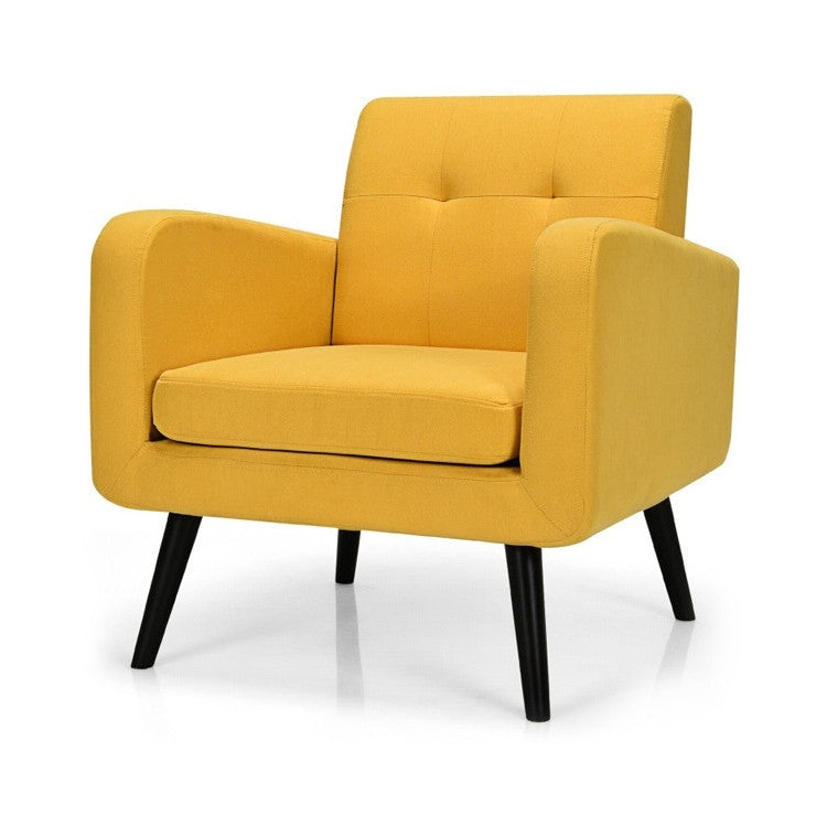 Sillón decorativo moderno de mediados de siglo de lino amarillo con patas de madera
