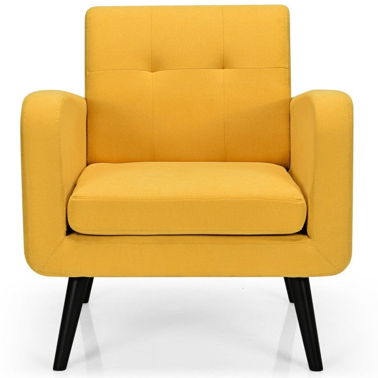 Sillón decorativo moderno de mediados de siglo de lino amarillo con patas de madera
