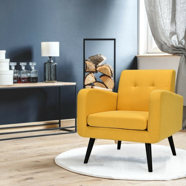 Sillón decorativo moderno de mediados de siglo de lino amarillo con patas de madera