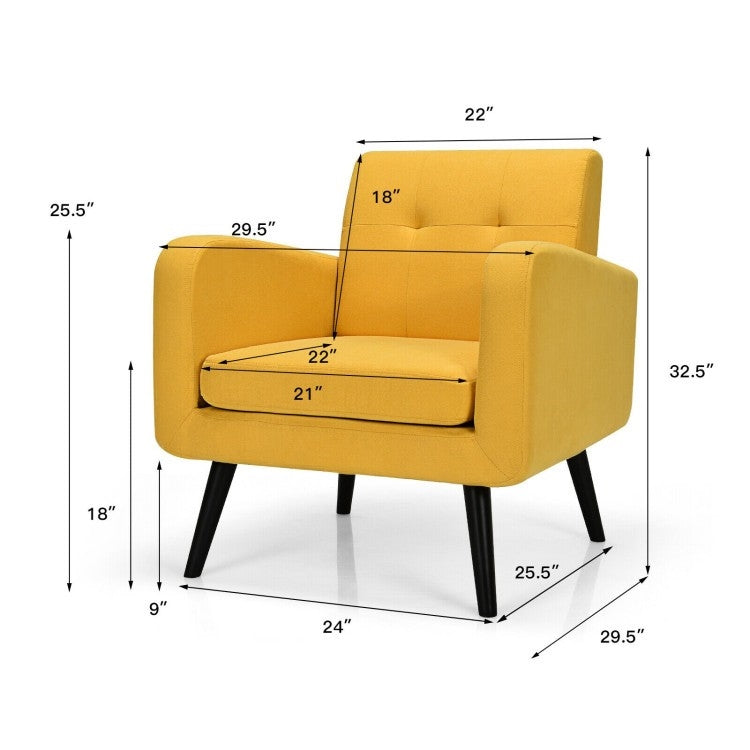 Sillón decorativo moderno de mediados de siglo de lino amarillo con patas de madera