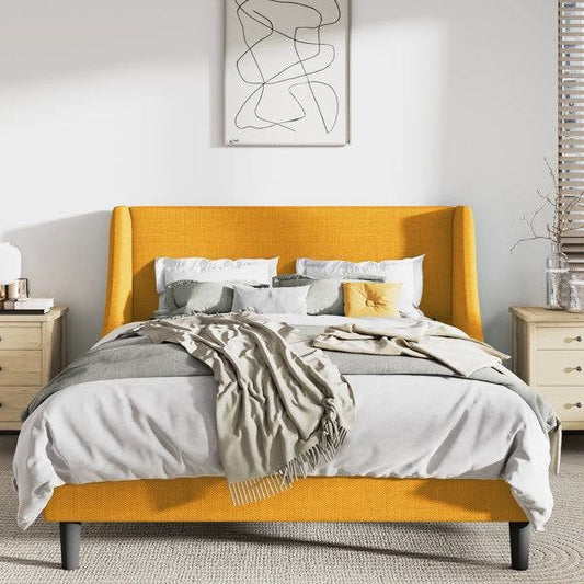 Cama de plataforma tapizada tamaño queen de mezcla de lino amarillo con cabecera de ala