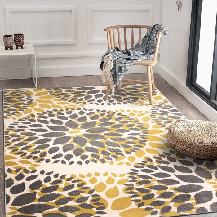 Alfombra de área de polipropileno resistente a las manchas, tejida, floral, gris y amarillo, de 3'1" x 5'