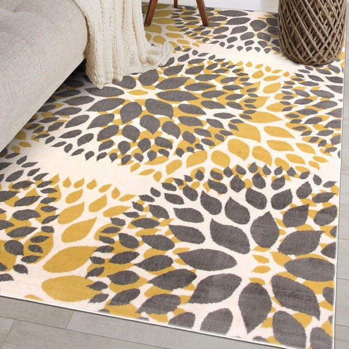 Alfombra de área de polipropileno de 5' x 7' resistente a las manchas, tejida, floral gris y amarillo