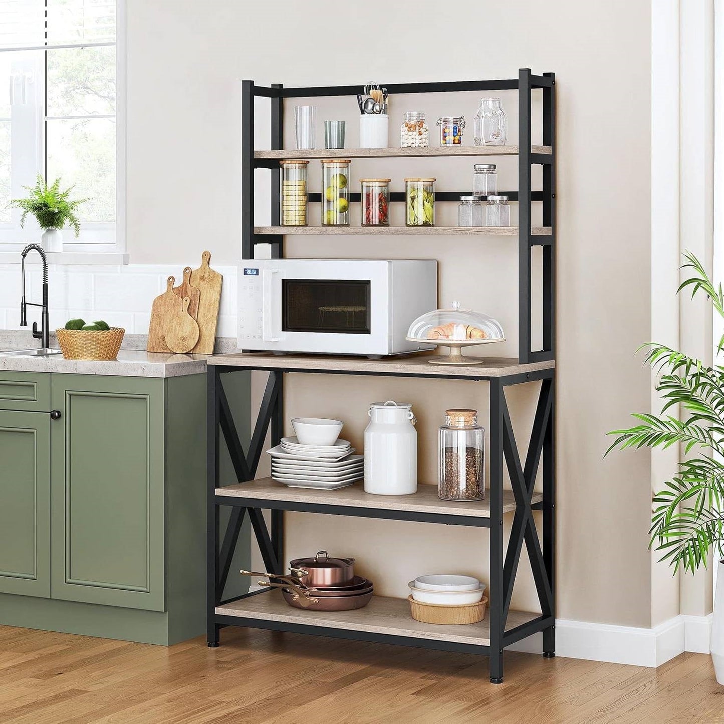Estantería para panaderos, estante para microondas y unidad de estanterías de cocina moderna en metal negro y madera gris