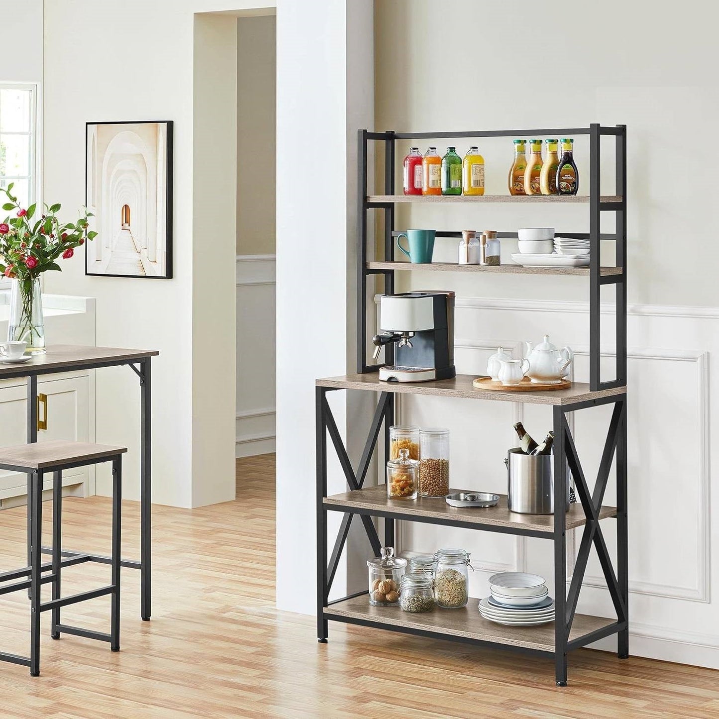 Estantería para panaderos, estante para microondas y unidad de estanterías de cocina moderna en metal negro y madera gris
