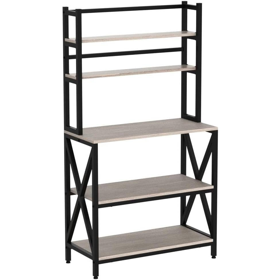 Estantería para panaderos, estante para microondas y unidad de estanterías de cocina moderna en metal negro y madera gris