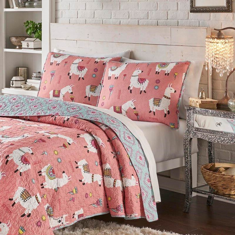 Juego de colcha de algodón 100 % con diseño floral reversible de llama, tamaño King, rosa y azul