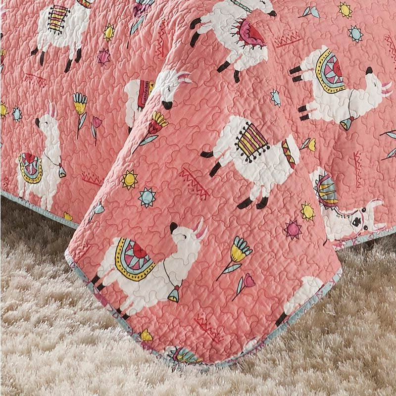Juego de colcha de algodón 100 % con diseño floral reversible de llama, tamaño King, rosa y azul