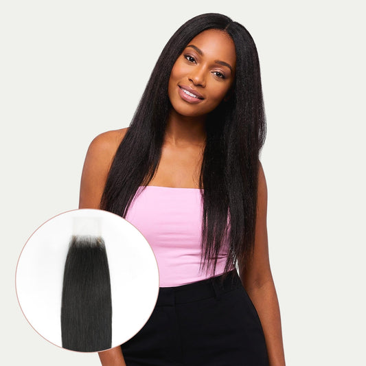 Cierre de cabello humano con encaje transparente Yaki liso 2x6
