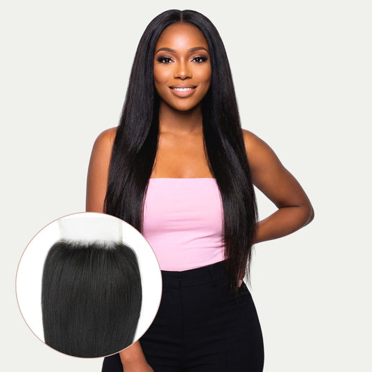 Cierre de encaje transparente 4x4 de cabello humano liso Yaki