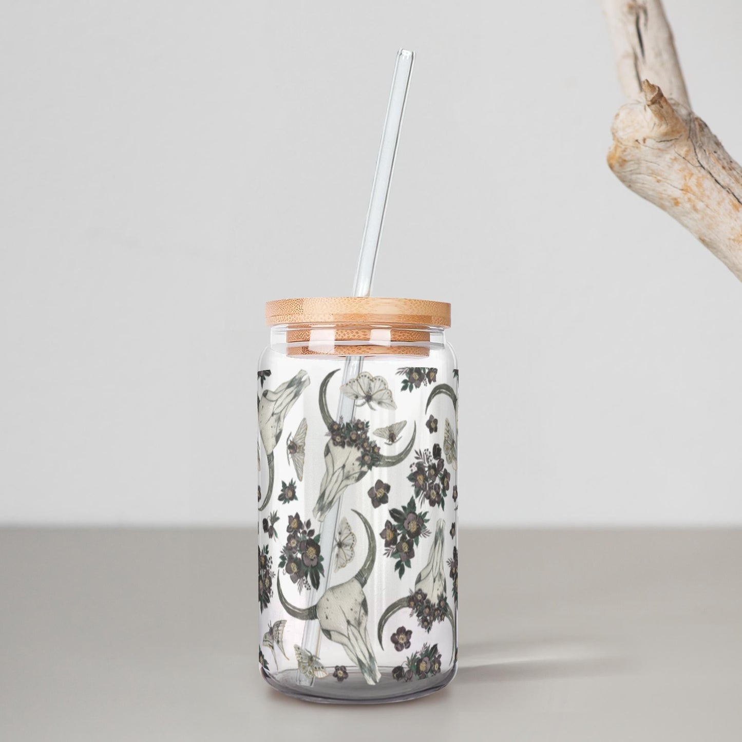 Boho Skull Moths Clear Glass With Lid and Straw