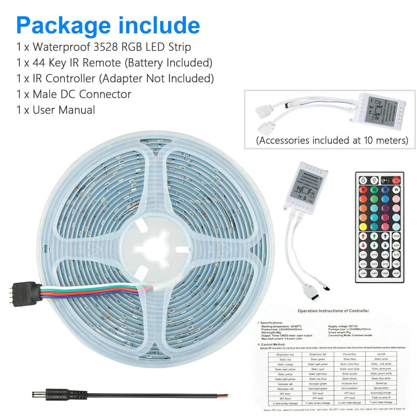 Tira de luces LED SMD flexible de 32 pies 3528 RGB con control remoto para habitación, TV, fiestas, bar