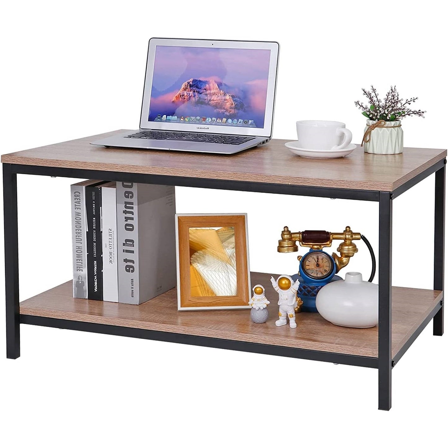 Mesa de centro moderna de 2 niveles de metal y madera con acabado en madera natural