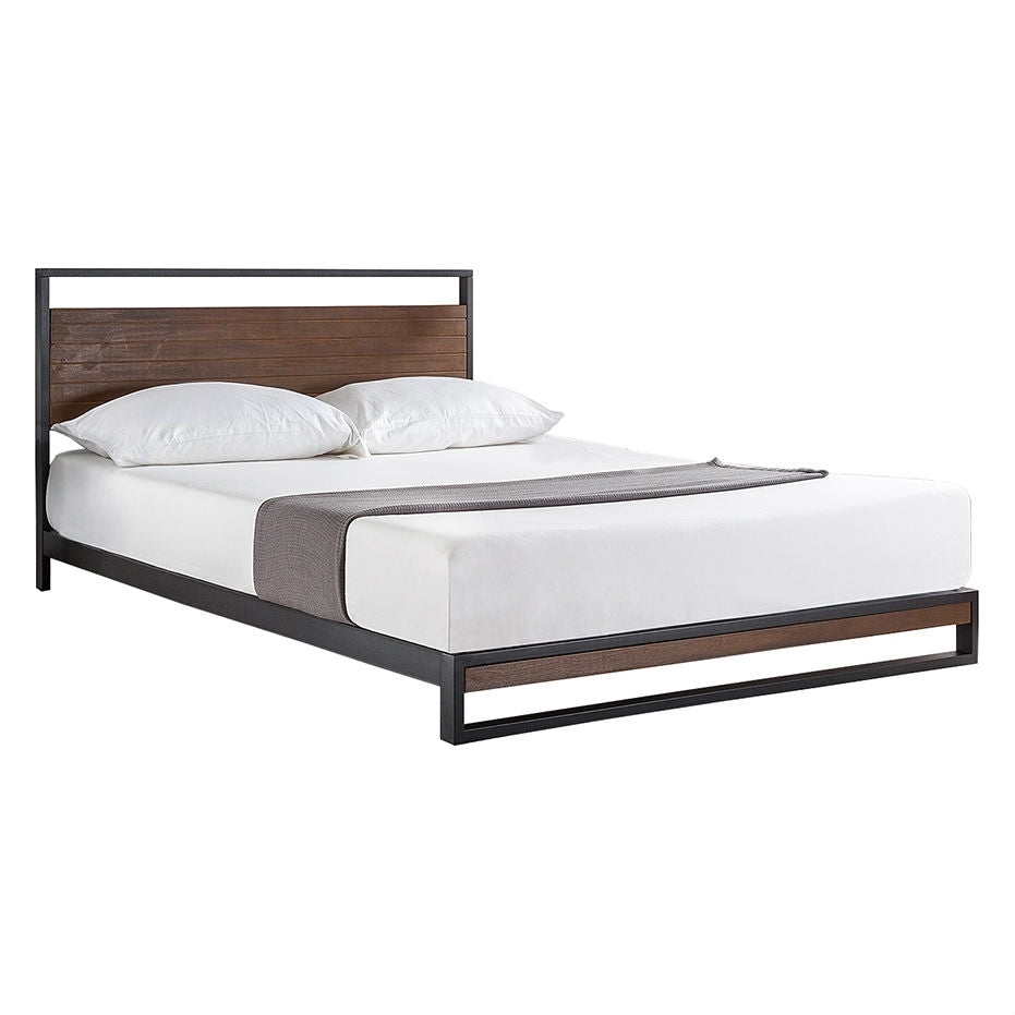Base de cama de plataforma de metal y madera tamaño matrimonial con cabecera