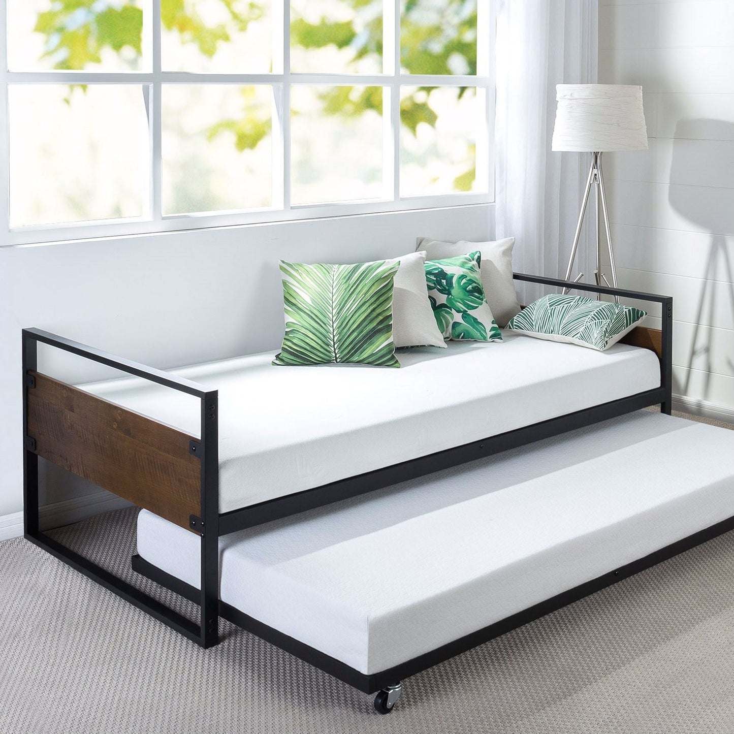 Marco de cama nido de metal y madera tamaño individual con cama auxiliar extraíble