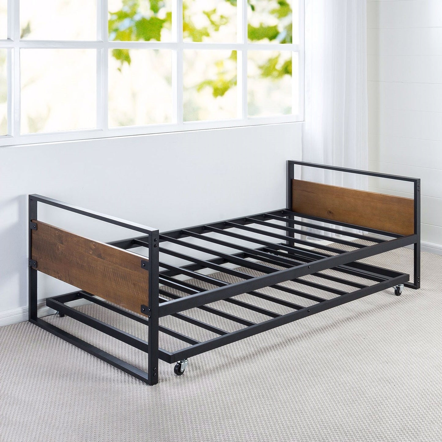 Marco de cama nido de metal y madera tamaño individual con cama auxiliar extraíble
