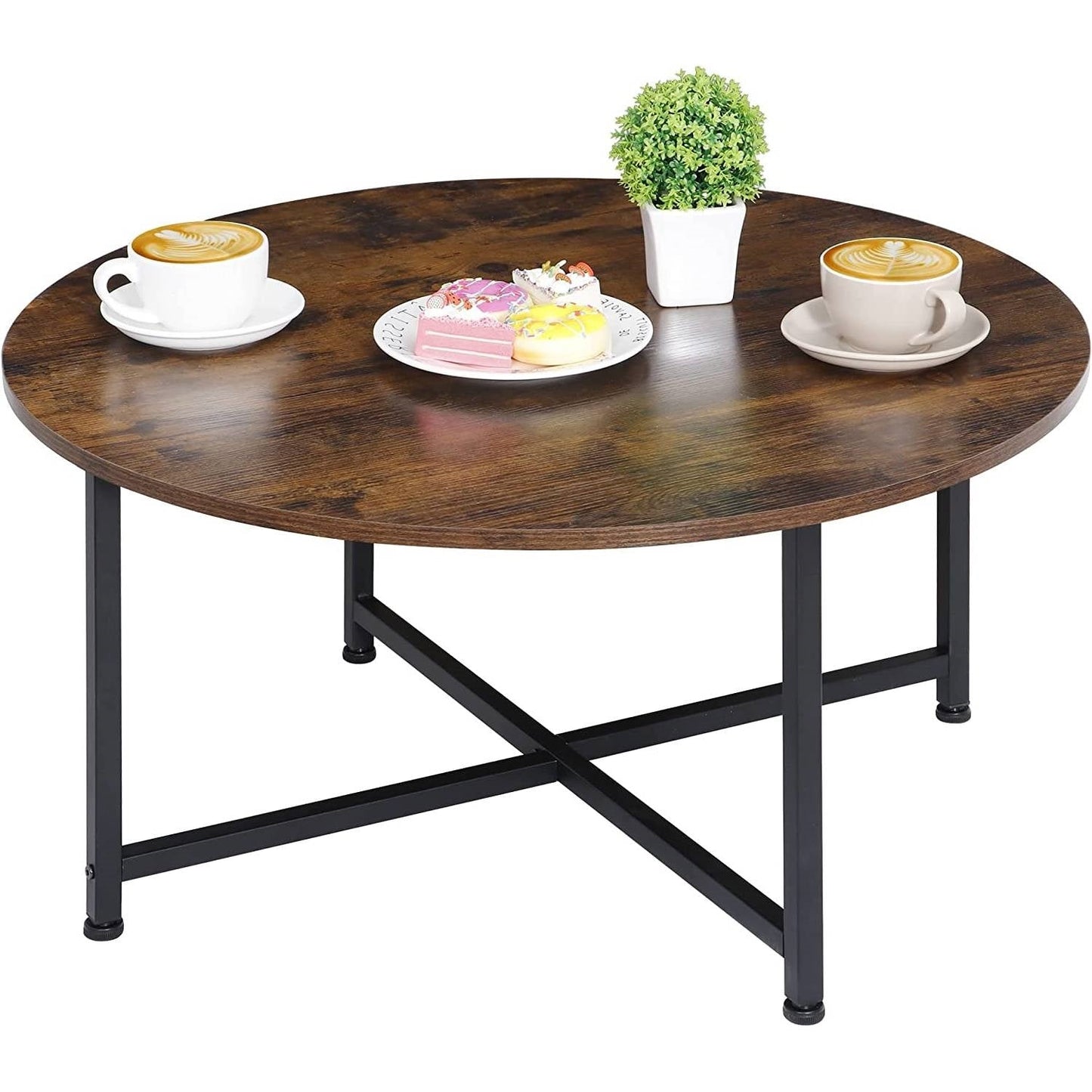 Mesa de centro industrial redonda moderna con superficie de madera rústica marrón