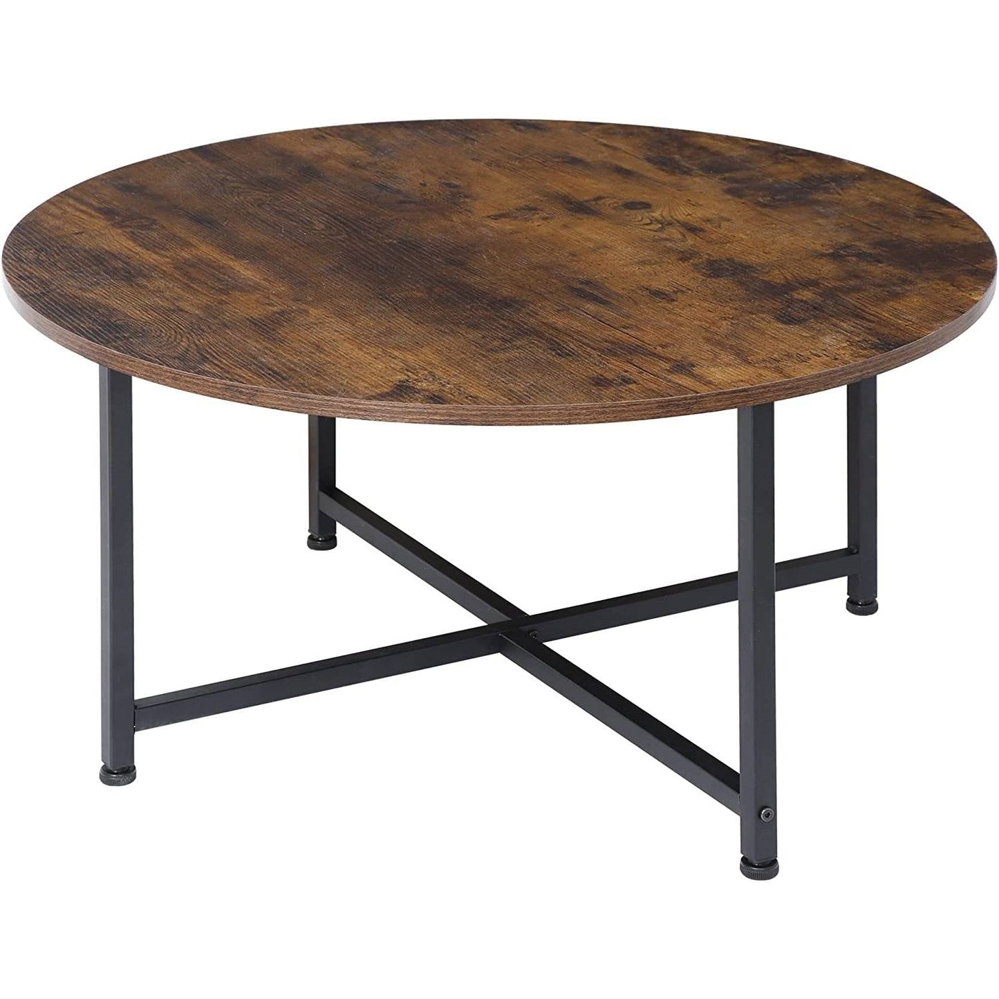 Mesa de centro industrial redonda moderna con superficie de madera rústica marrón