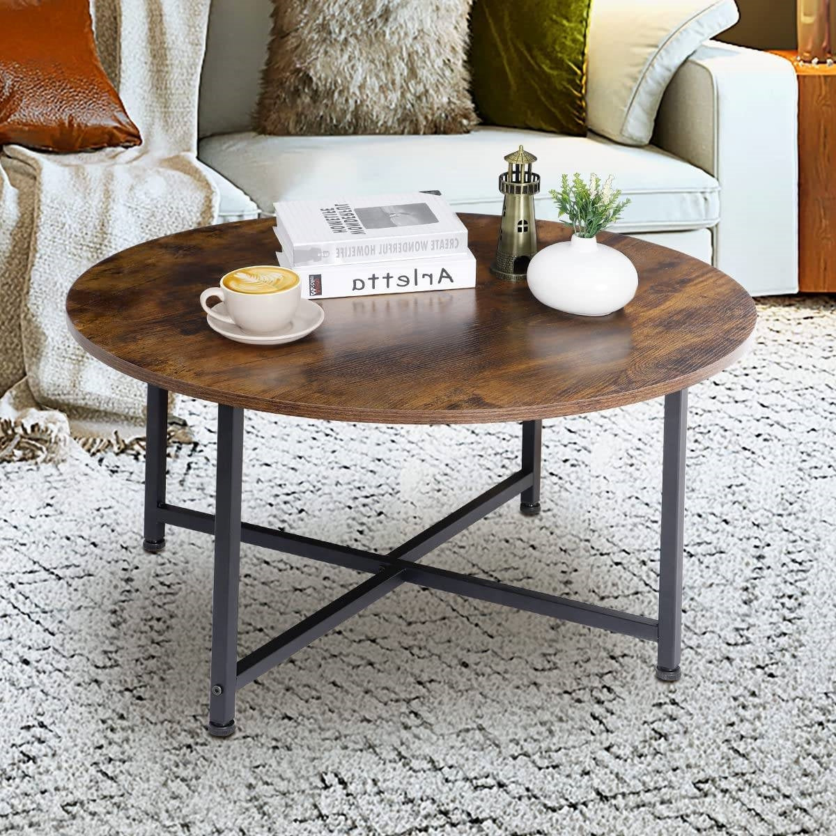 Mesa de centro industrial redonda moderna con superficie de madera rústica marrón