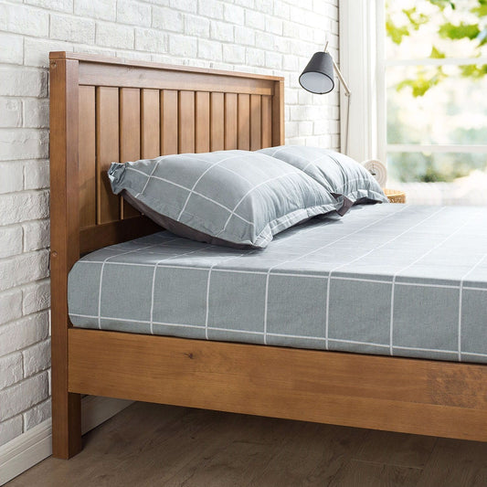 Estructura de cama plataforma individual de madera maciza con cabecero en acabado marrón medio