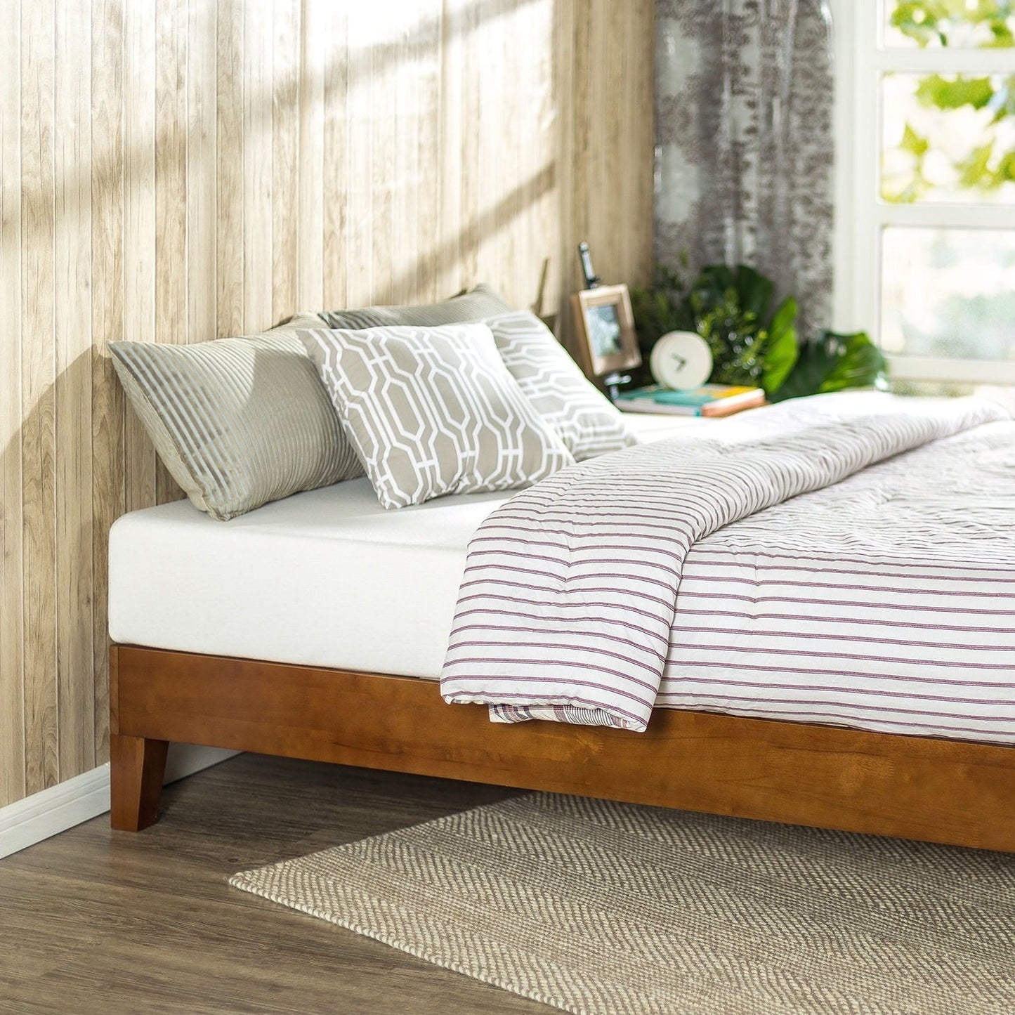 Base de cama de plataforma de madera de perfil bajo tamaño Twin con acabado cerezo