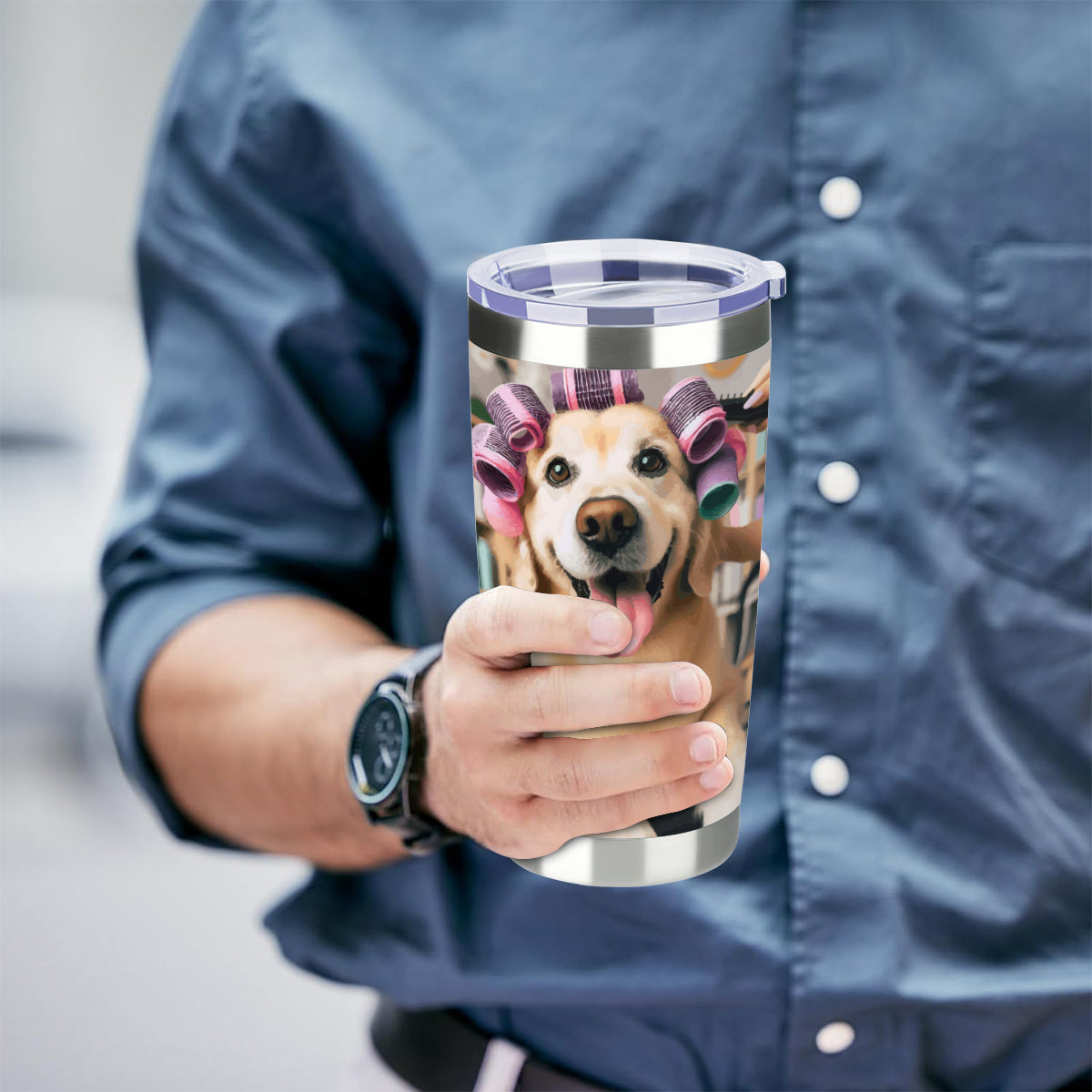 Dog in Hair Curlers 20 oz Outdoor Tumbler with Lid