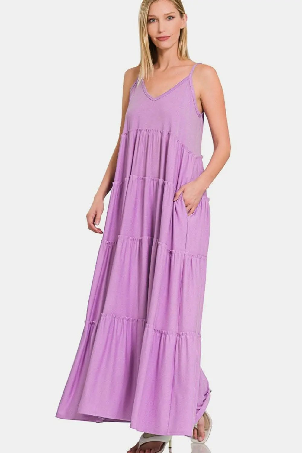 Dresses Trendsi usa - Zenana Frill Tiered V-Neck Maxi Cami Dress