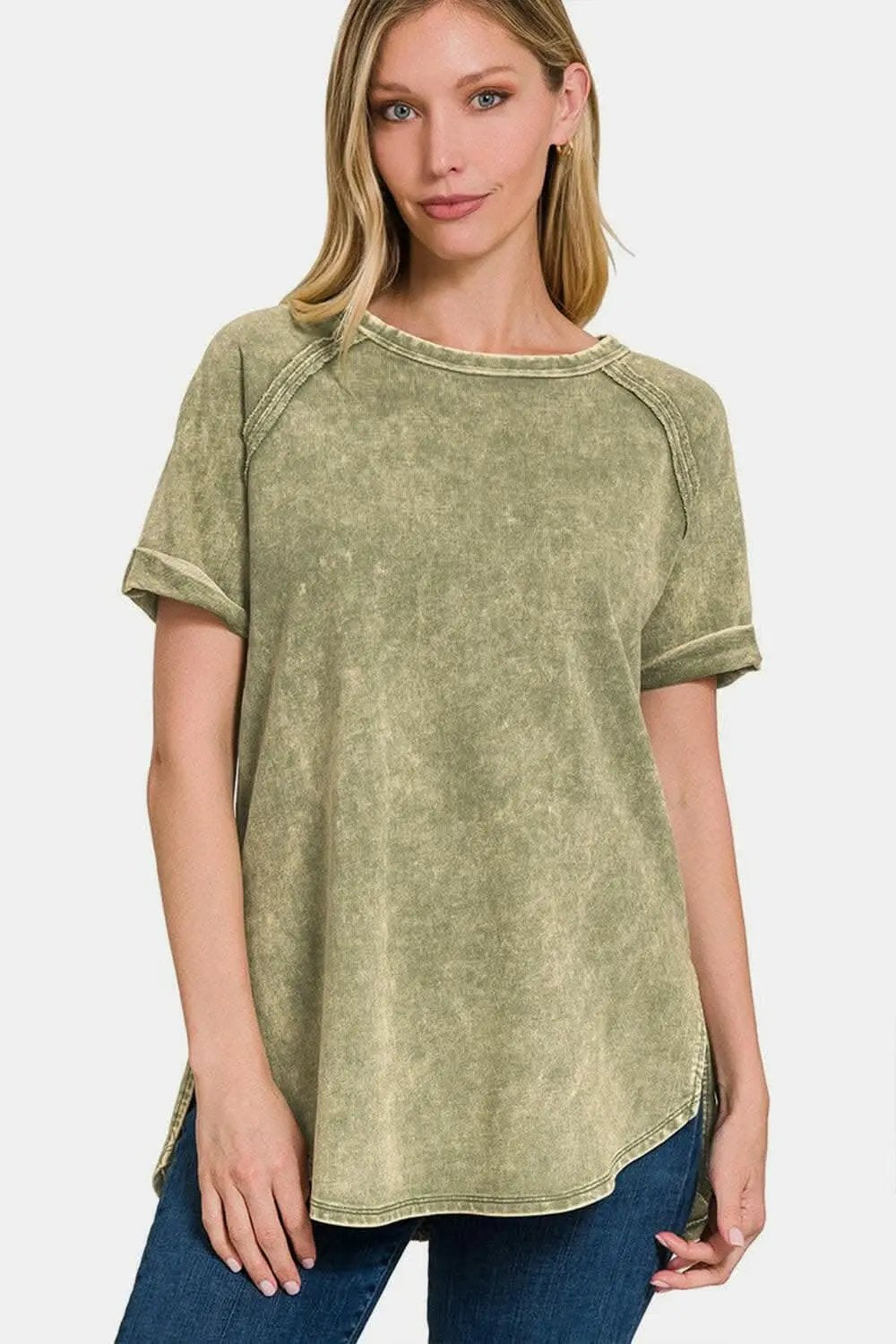 Pants Trendsi Zenana Heathered Round Neck Short Sleeve Blouse