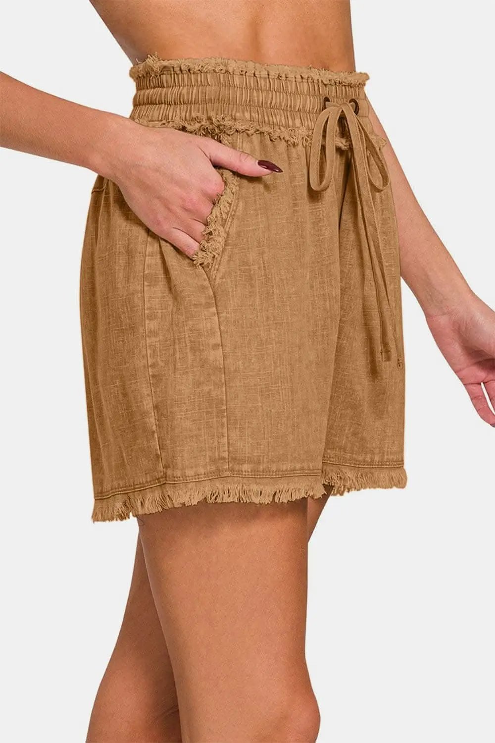 Trendsi Zenana Linen Shorts Women's Casual Summer Frayed Hem Drawstring Shorts