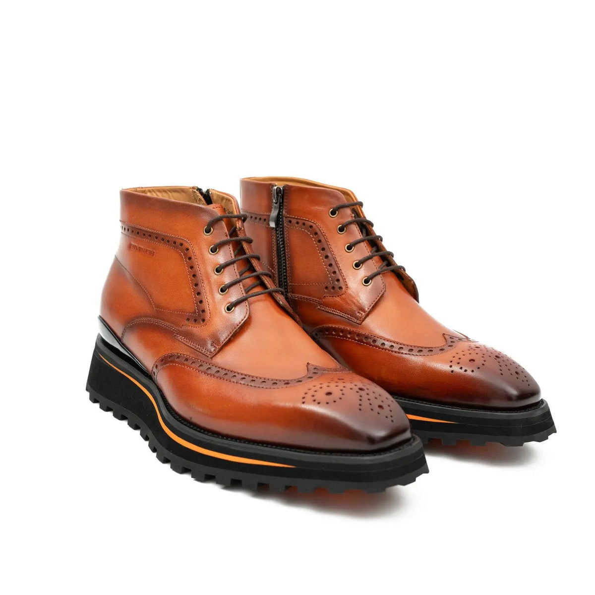 Orange-Brown Wingtip Cow Leather Ankle Boots