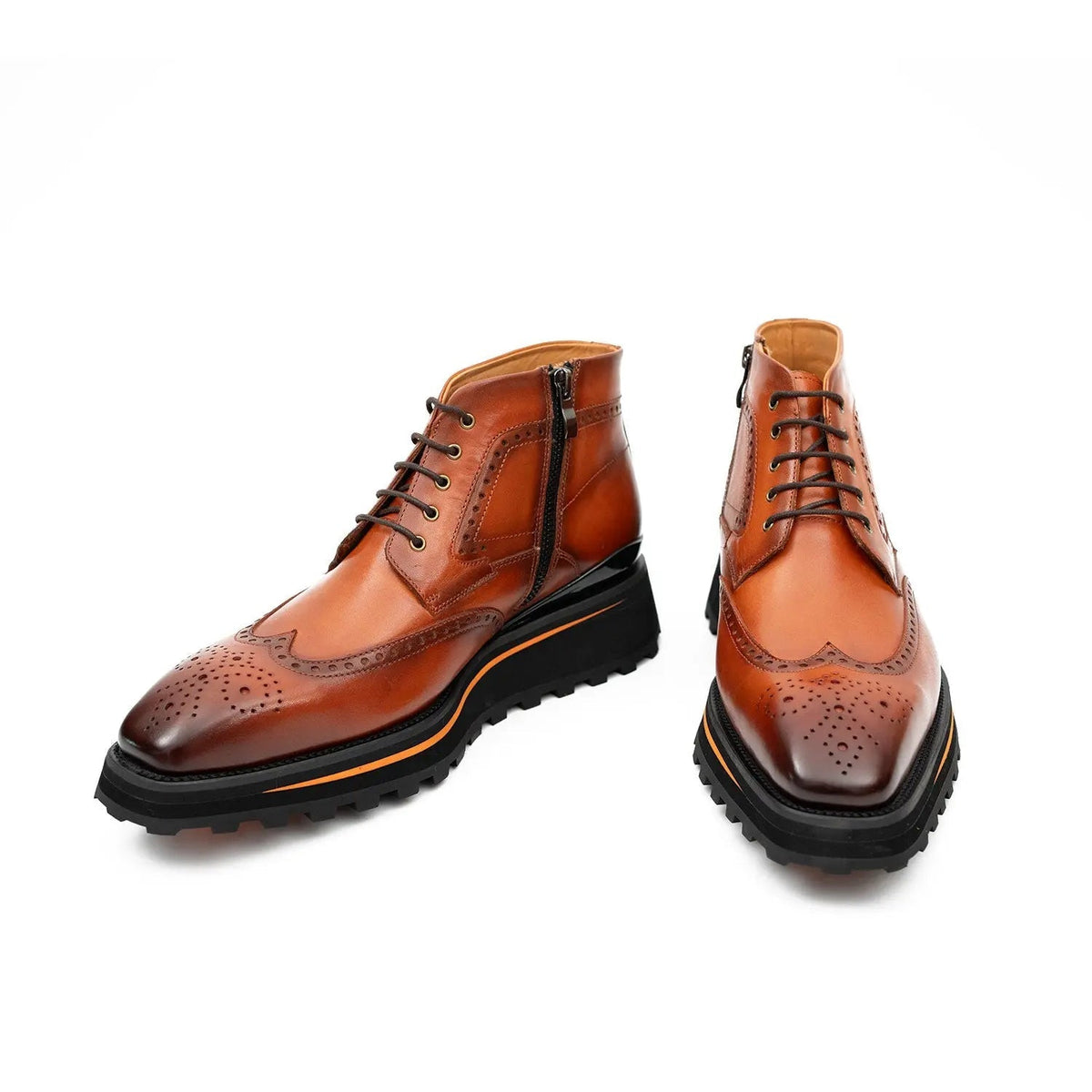 Orange-Brown Wingtip Cow Leather Ankle Boots