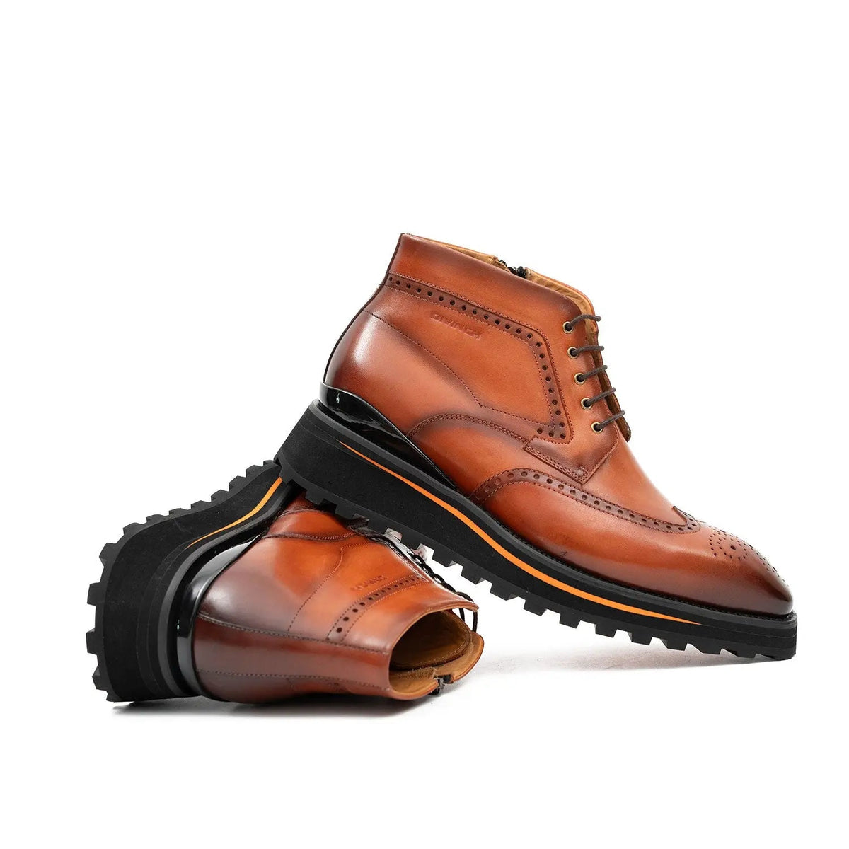 Orange-Brown Wingtip Cow Leather Ankle Boots