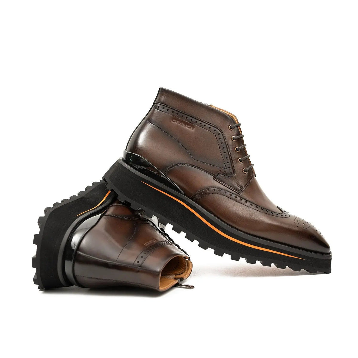 Brown Wingtip Calf Leather Ankle Boots