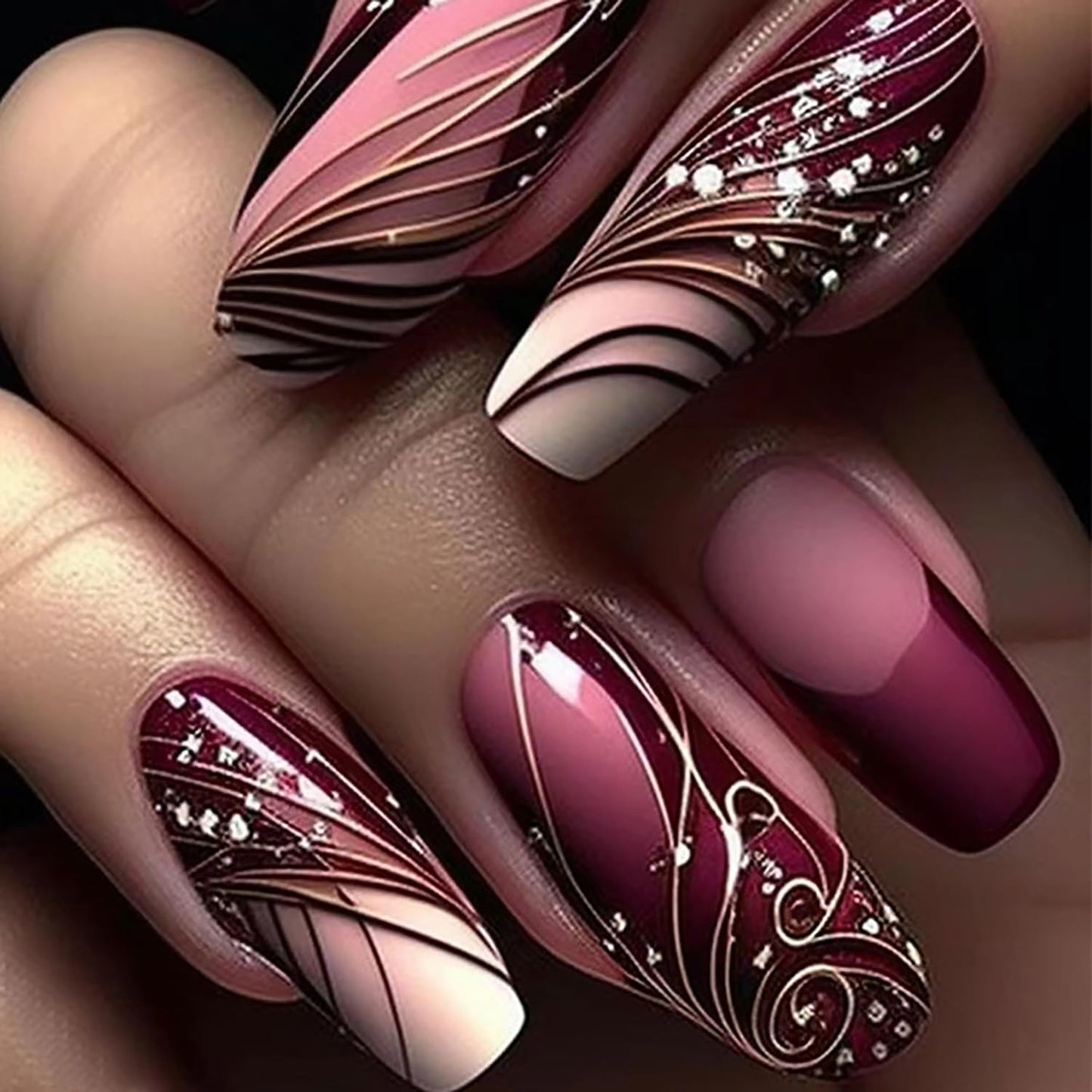 LOPMNGHT 24Pcs Press on Nails Medium Length Ballet Shaped Red French False Nails with Lines Design Gloss Artificial Stick on Nails Full Cover Acrylic Coffin Nails Reusable Glue on Nails for Women