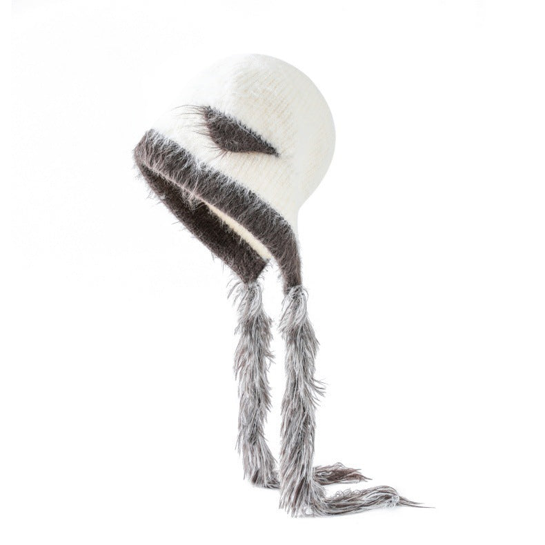 Gorro de punto de lana de visón con orejas de gato y protección para las orejas - Acogedor gorro con orejas de animales