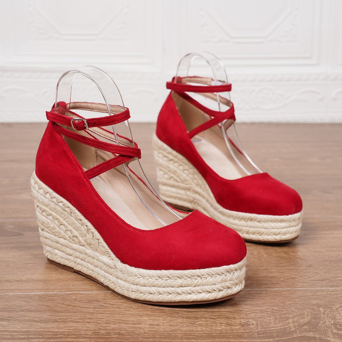 Women's Ankle Strap Woven Wedge Platform Shoes