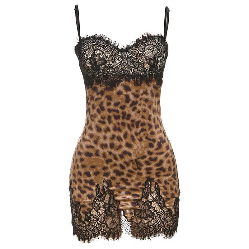 Sexy Leopard-print Slim-fit Backless Lace Splicing Sling Dress