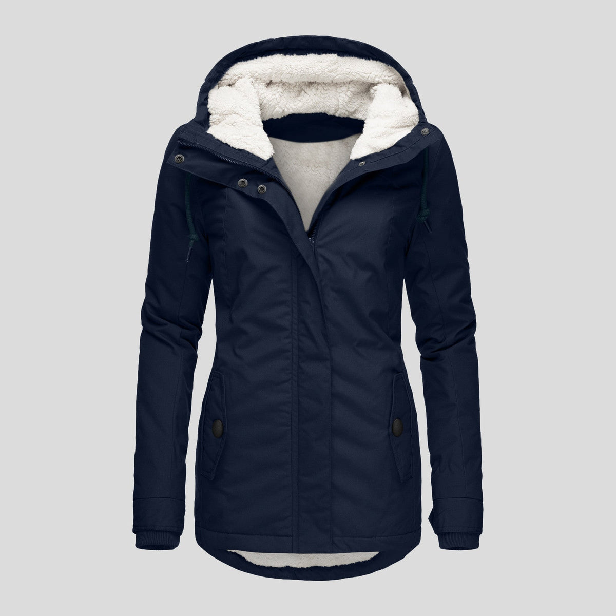 Winter Hooded Jacket Solid Color Warm Buckle Zip-up Fleece Jacket With Pockets Women's Casual Jacket