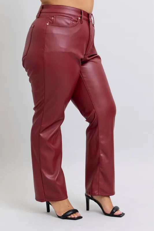 Judy Blue Full Size High Waist Tummy Control Faux Leather Straight Pants Plus Size